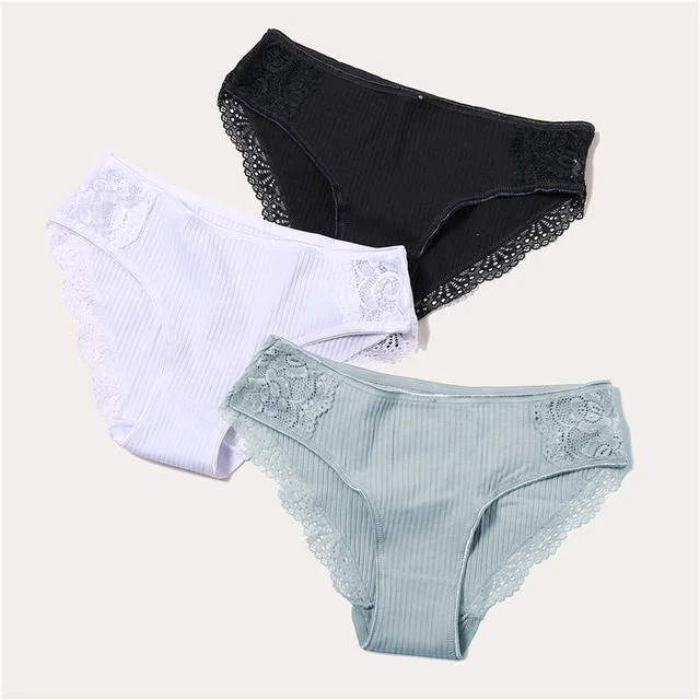 FINETOO 3PCS/Set Cotton Panties Women Underwear Sexy Panties Lace Brief for Female Panty Lingerie Low Waist Floral culotte femme
