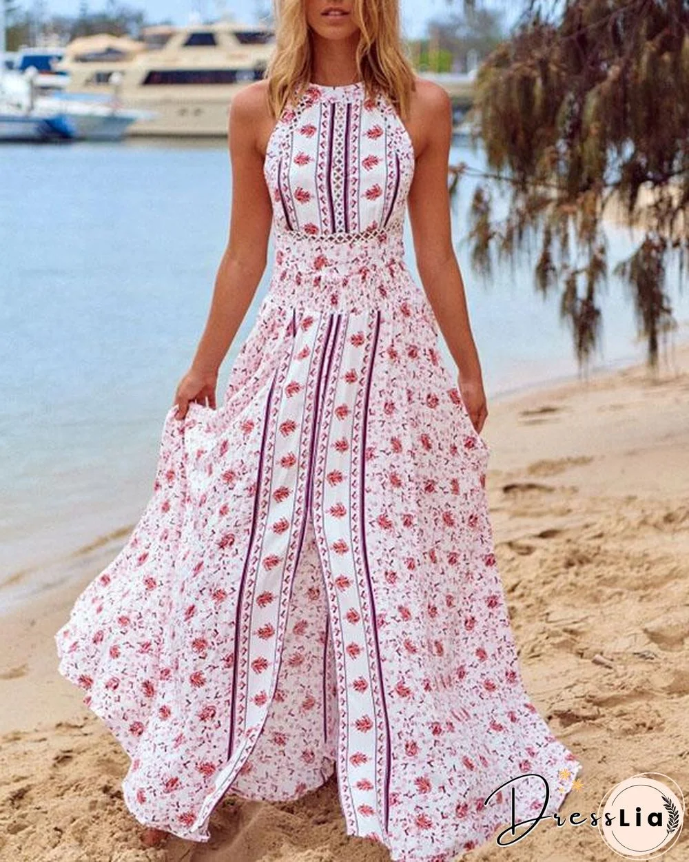 Women Halter Neck Floral Vacation Slit Maxi Dress