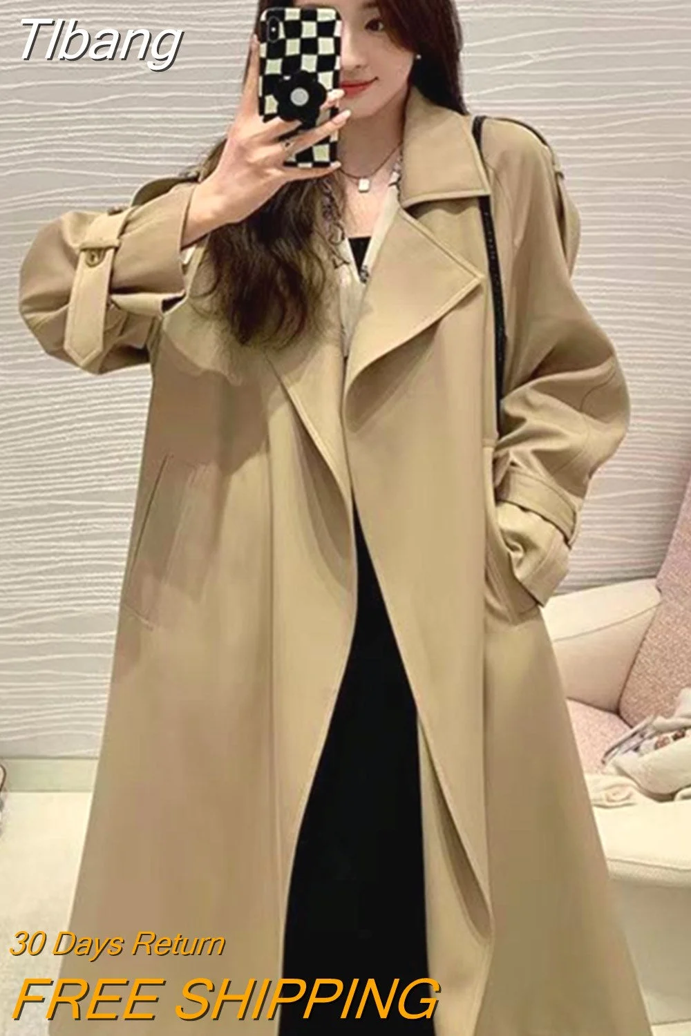 Tlbang Coat for Women 2023 Windbreaker Spring and Autumn High Grade Draping Medium Long Solid Color Temperament Slim Fit Coat