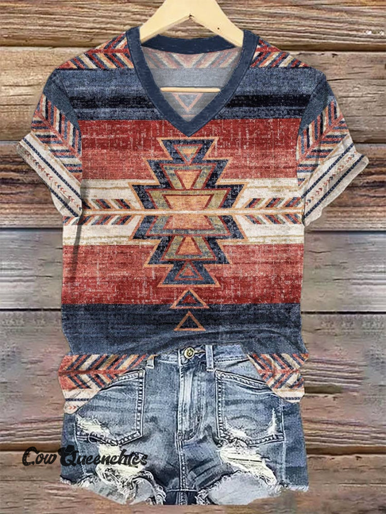 Women&rsquo;s Geometric Ethnic V-neck Casual T-Shirt Multicolor / S