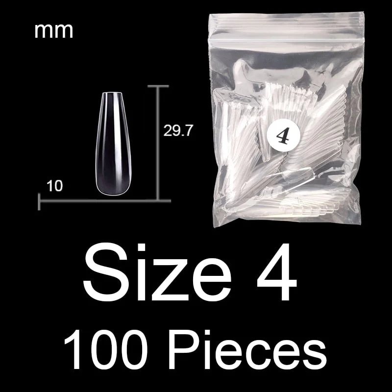 100 Pieces Full Cover Coffin Nails Single Size Ballet Shape Ballerina False Nail Tips Natural Transparent Size 0 ~ 9 Available-Nail Inspo