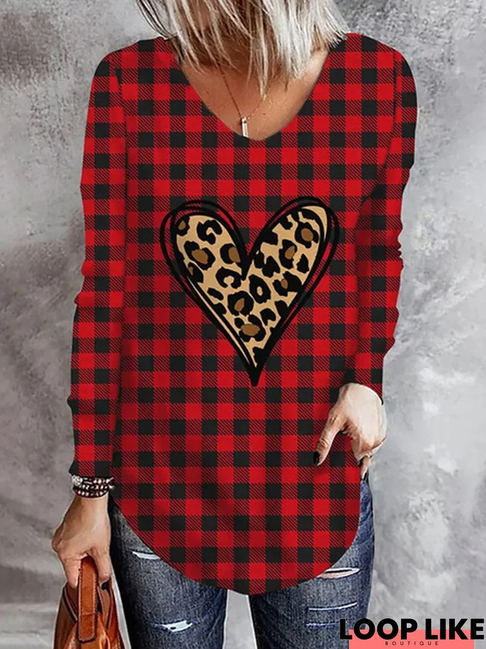 Plaid Loose V Neck Casual tunic T-Shirt