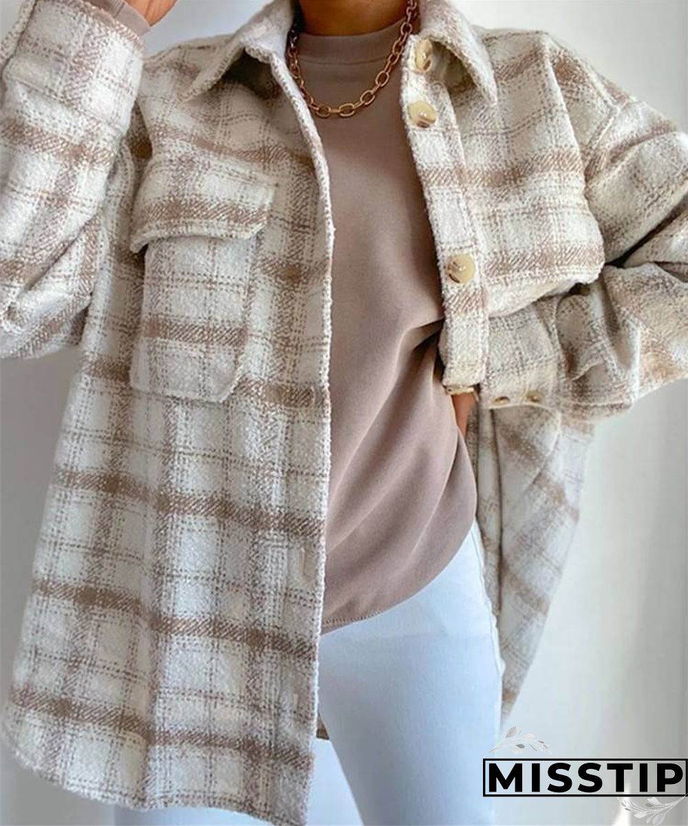Classic Thick Colorblock Checked Button Down Shirt Jacket Woolen