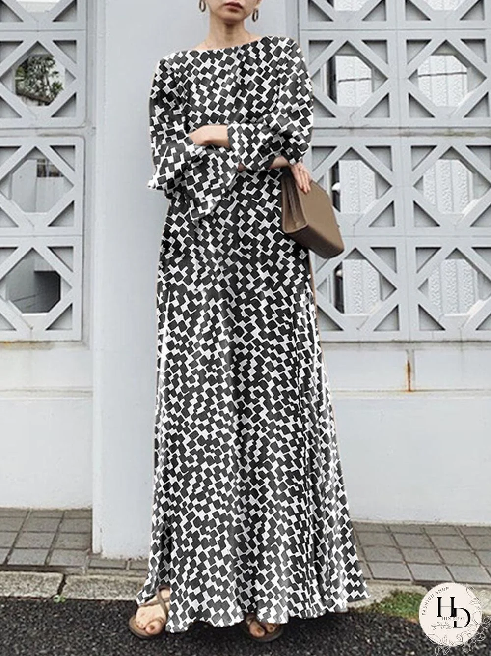 Geo Print Long Sleeve Slit Side Crew Neck Maxi Dress