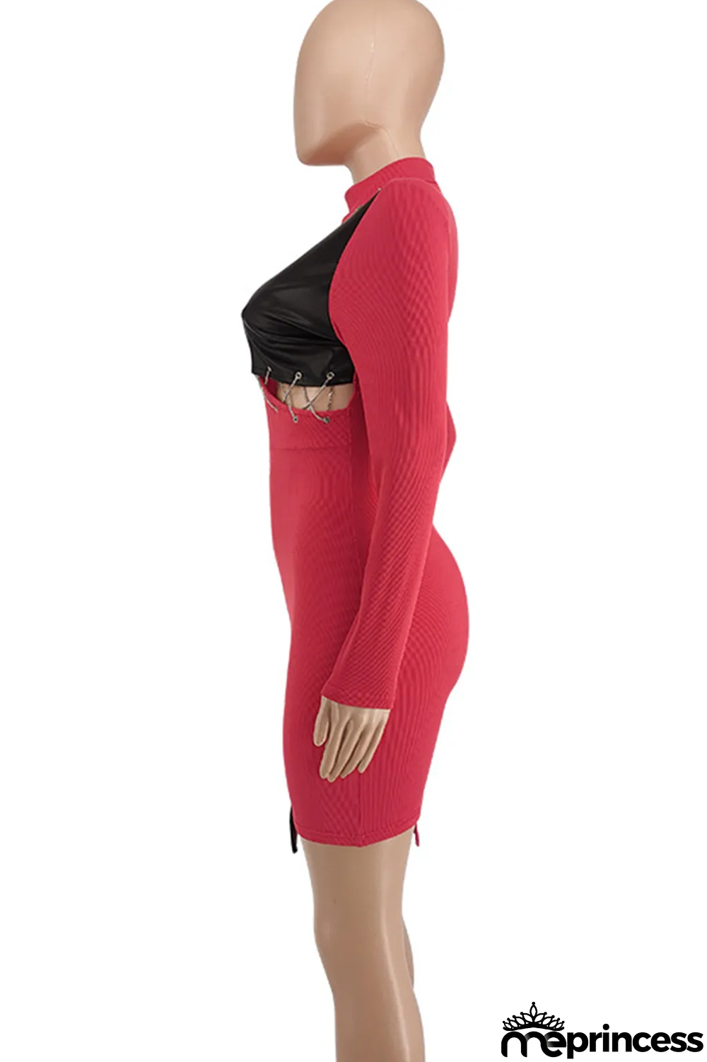 Red Fashion Sexy Patchwork Hollowed Out Asymmetrical O Neck Long Sleeve Dresses