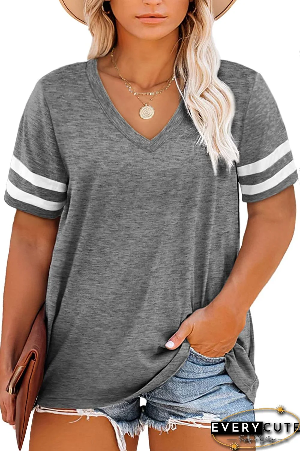 Gray Plus Size Stripes Stitching Sleeve V Neck T-shirt