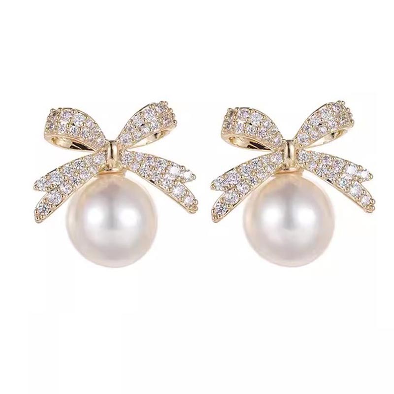 MIKAMU 14K Gold Plate Pearl Stud Earrings Cubic Zirconia Sparkle Ribbon Bow Dangle Earrings for Women Pearl Drop Earrings for Women Jewelry Gift