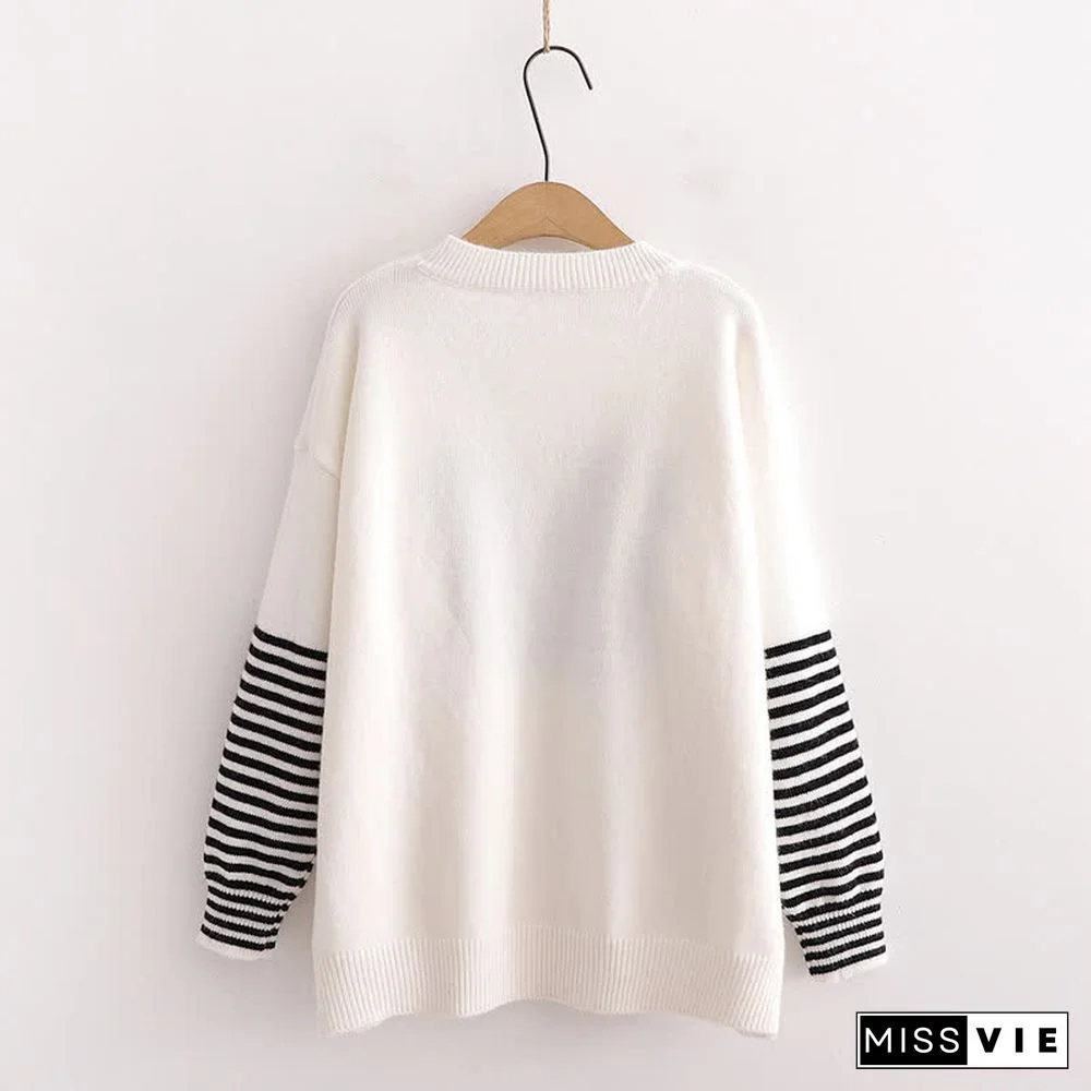 Cartoon Bear Pattern Stripe Sleeve Knit Sweater