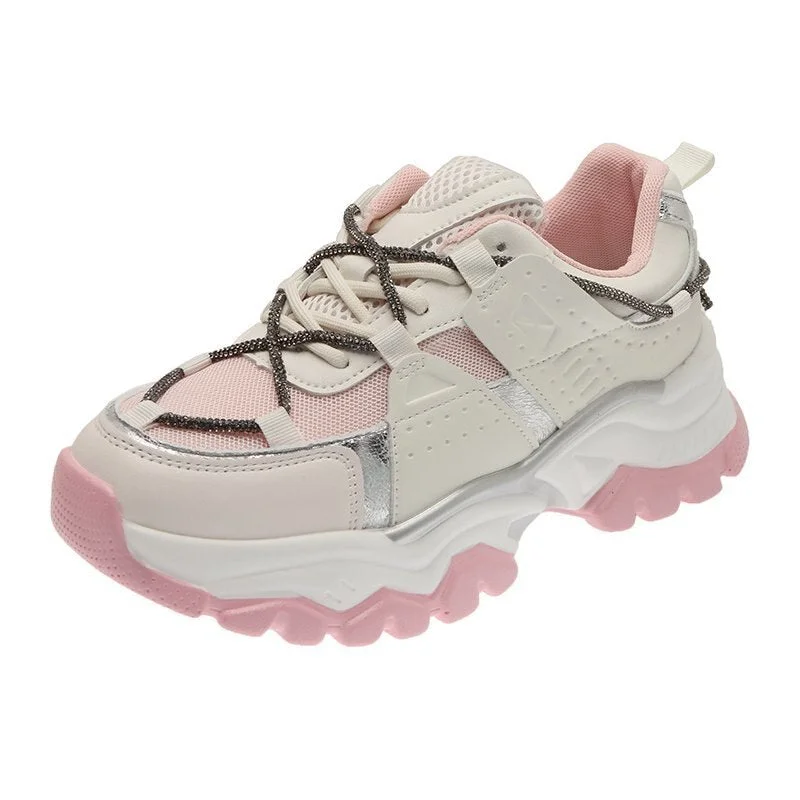 Fashion Mesh Chunky Sneakers Casual Shoes Women Sneakers Comfortable Thick Sole White Flats Platform Sneakers Round Toe Lace Up
