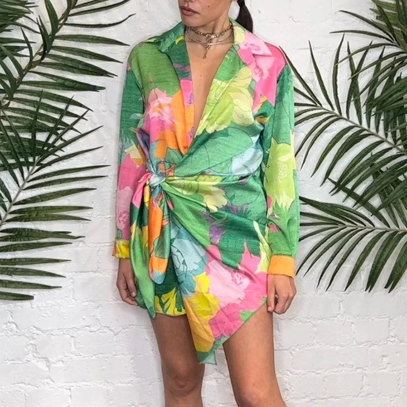 Women Vitange Pattern Print Boho Shirt Dress Female Fashion Lapel Long Sleeve Lace Up Robe 2022 Summer High Slit Loose Dresses