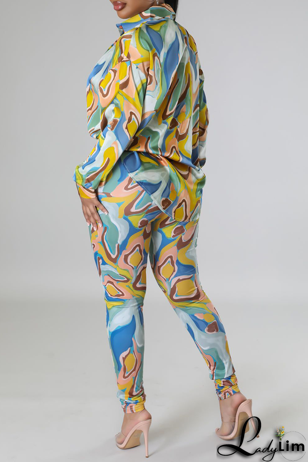 Yellow Casual Print Patchwork Turndown Collar Long Sleeve Two Pieces