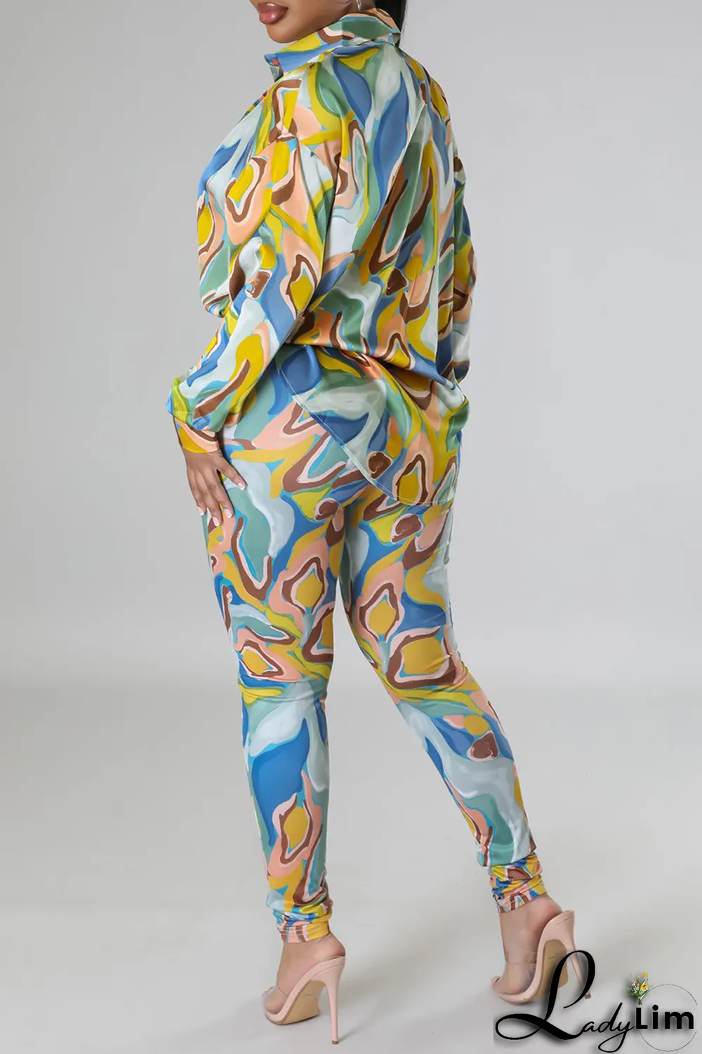Yellow Casual Print Patchwork Turndown Collar Long Sleeve Two Pieces