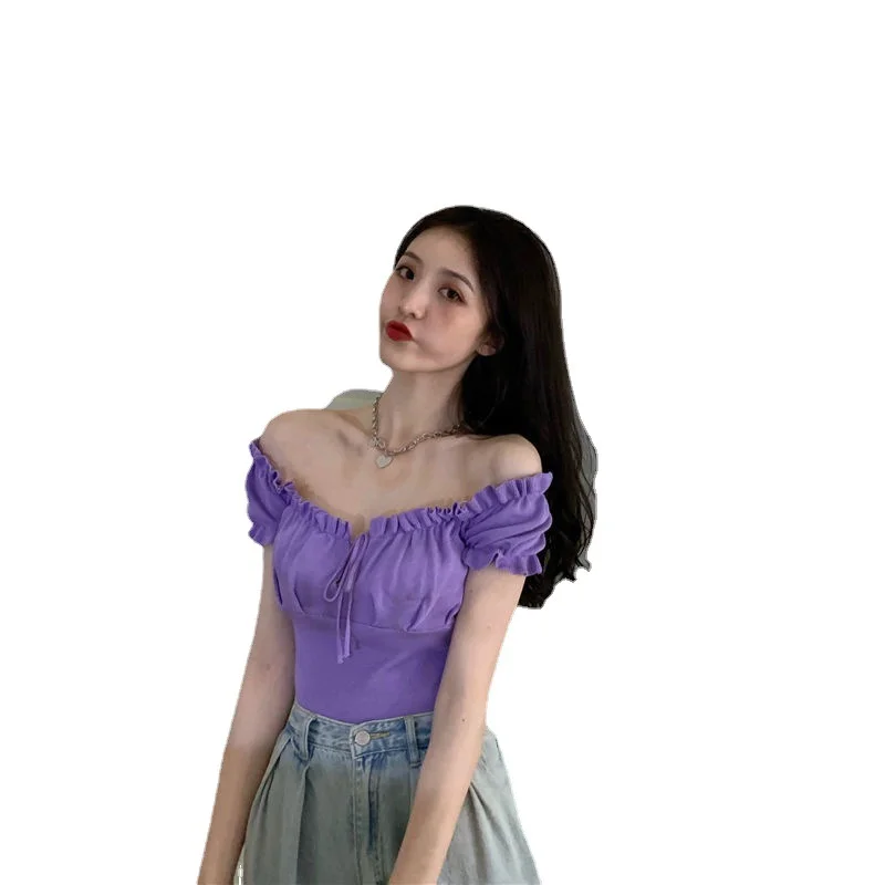 Uveng Uveng Short-Sleeved T-Shirt On The Shoulder Of The Female In Summer New Square Collar Draw Rope Wearing A Short Brooch Jersey