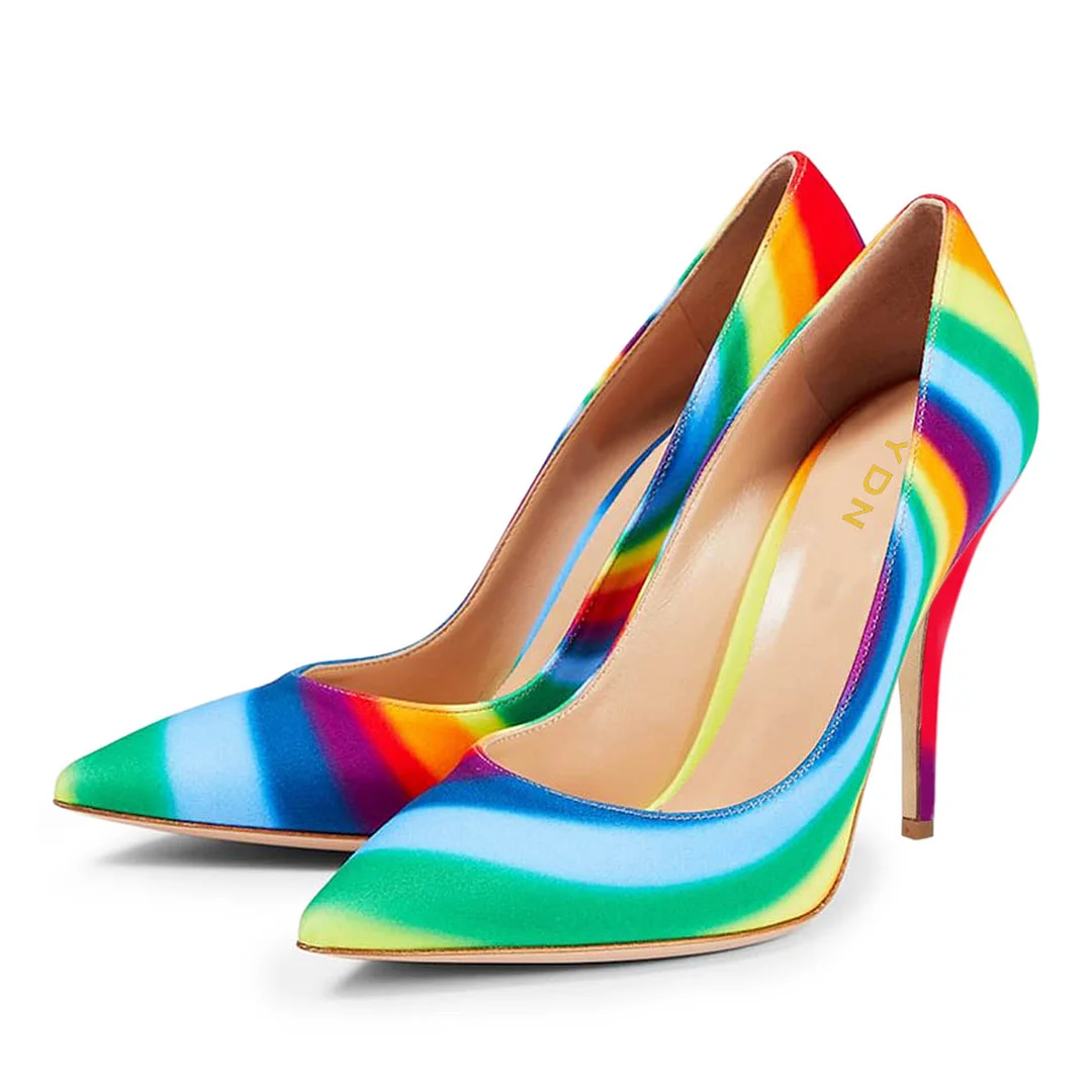 Rainbow Fabric Pointed Toe Slip-On Pumps Shoes with Stiletto Heels