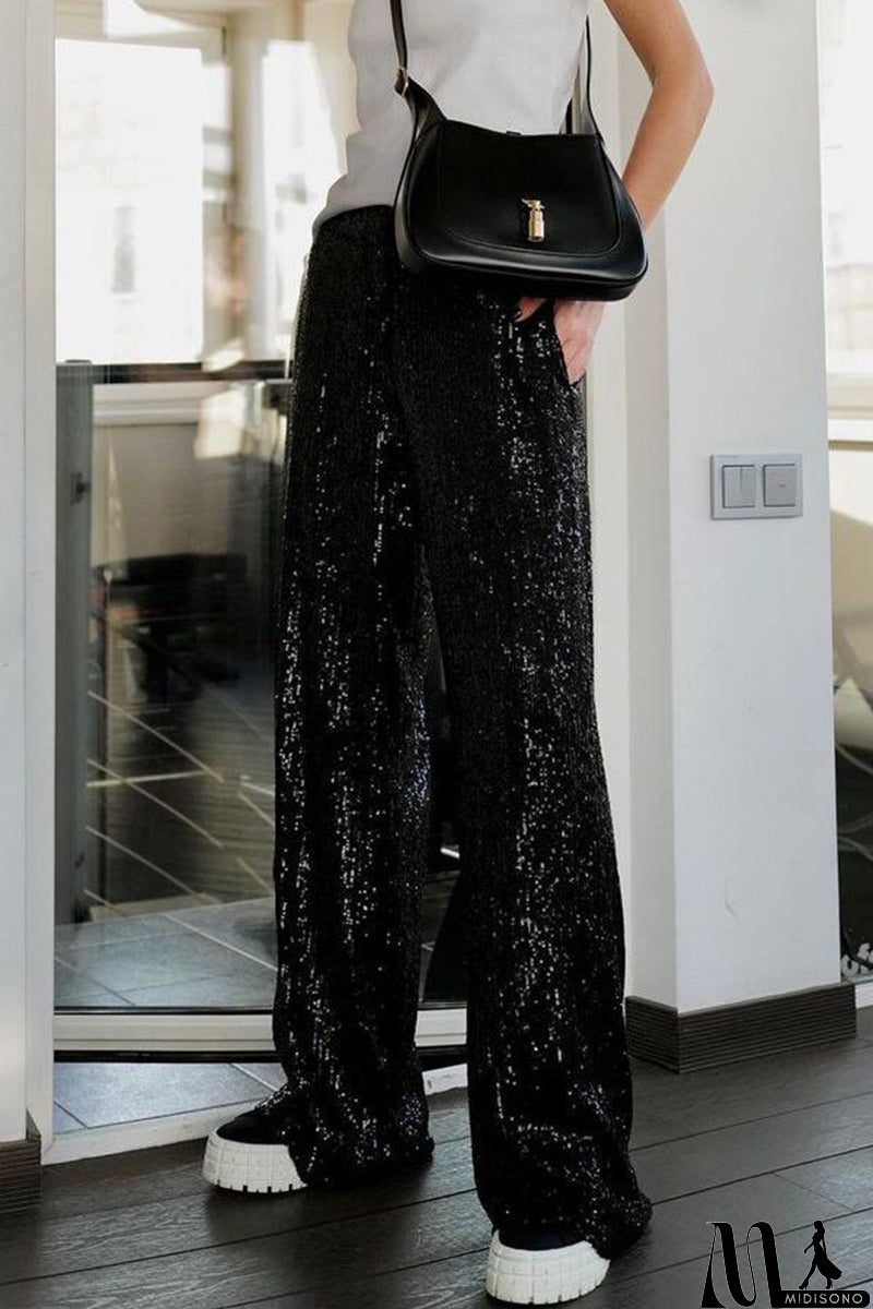 MidiSono - Casual British Style Solid Sequins Loose Low Waist Straight Solid Color Bottoms