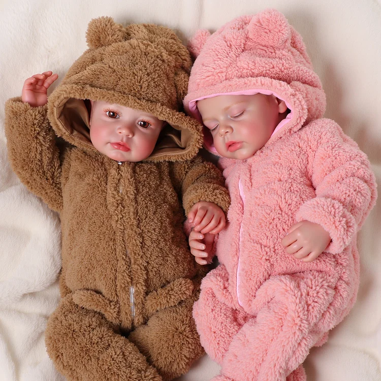 Babeside Lucy & Carina Twin Reborn Baby Dolls &ndash; 20" Lifelike Pair in Cozy Teddy Bear Outfits