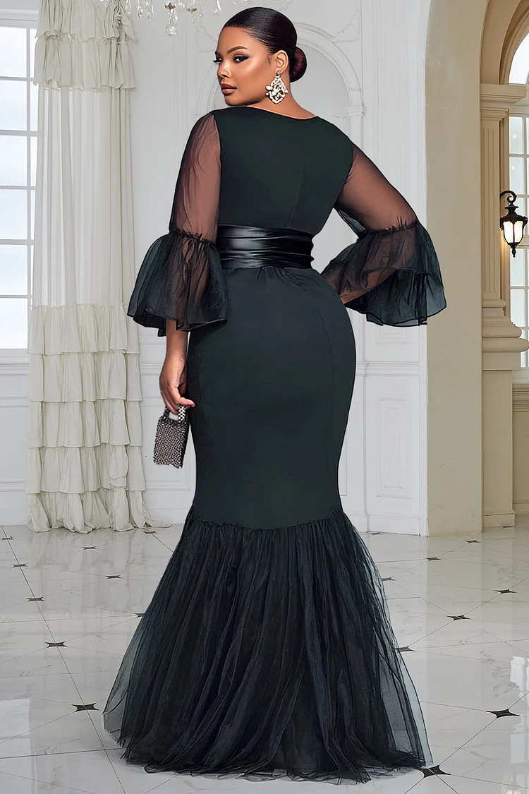 Xpluswear Design Plus Size Formal Tulle Black Round Neck Flare 3/4 Sleeve Contrast Elegant Bodycon Satin Maxi Dresses [Pre-Order]