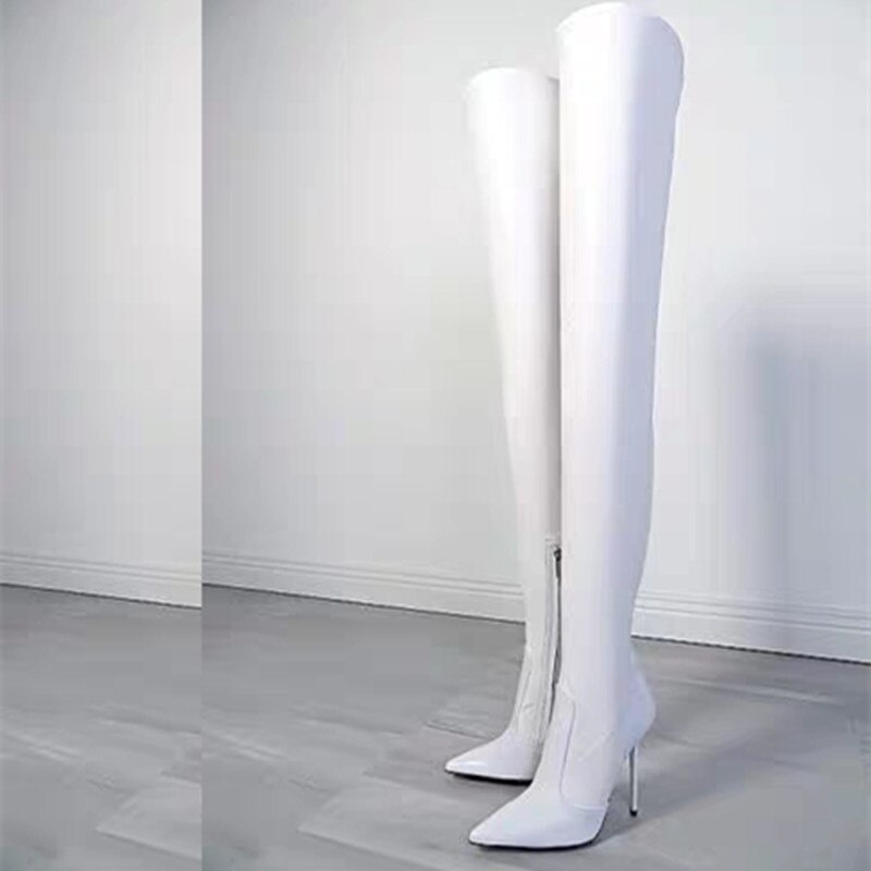 Chaussures Femme Motorcycle Black Leather Knee Thigh High Long Boots Over The Knee Zipper High Heel Long Botas