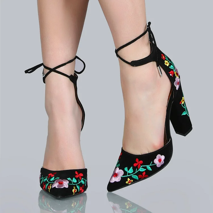 Black Embroidered Floral Heels Vegan Suede Ankle Tie Pumps Shoes |FSJ Shoes