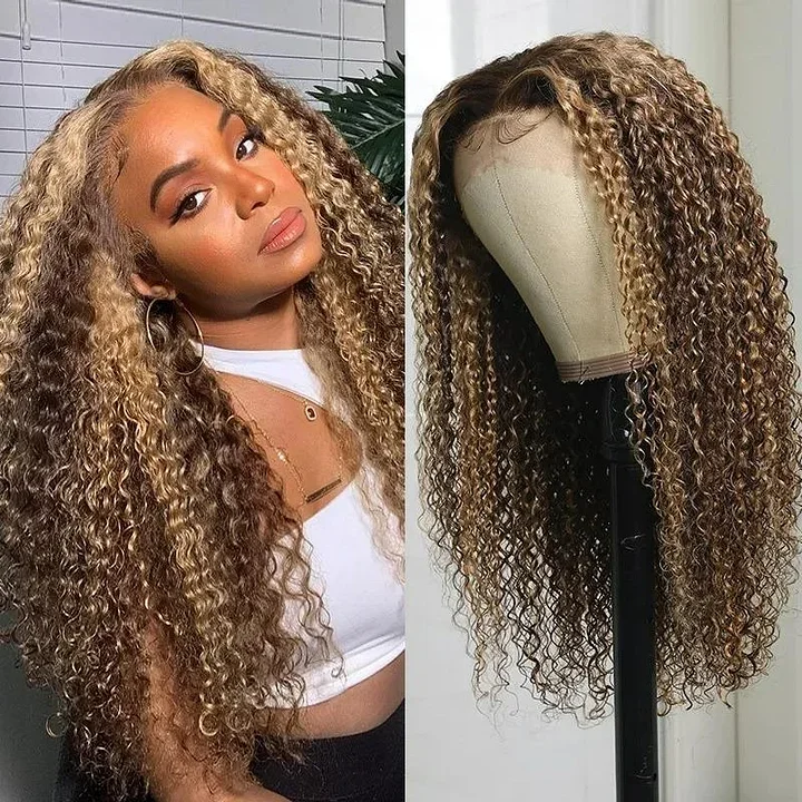 Brown Mixed Blonde Brazilian Water Wave Long Hair Curly Wig
