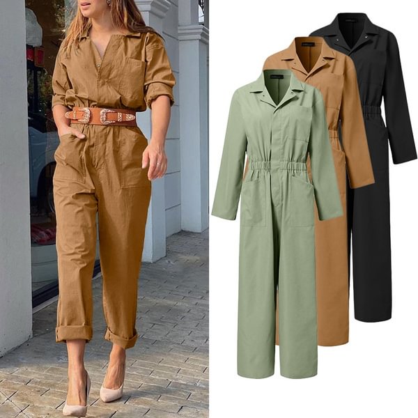 Women Front Button Lapel Collar Side Pockets Jumpsuits Rompers Steet Fashion Playsuits - Shop Trendy Women's Fashion | TeeYours