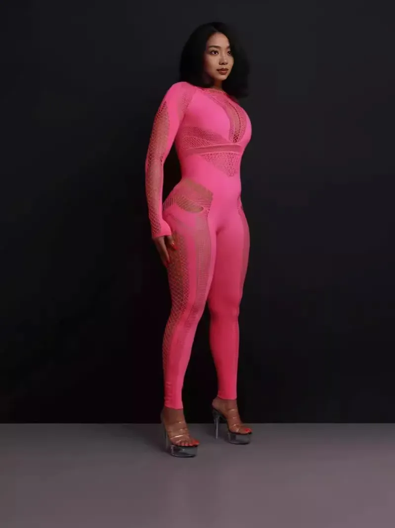 Uveng Uveng Female Solid Color Hollow Sex-Repair Knitted Regular Sleeve Jumpsuit