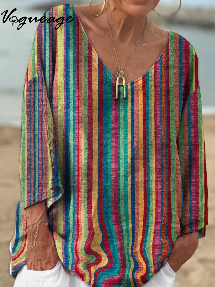 Simple Colorful Vertical Stripes Stitching Printed Cotton And Linen Shirt