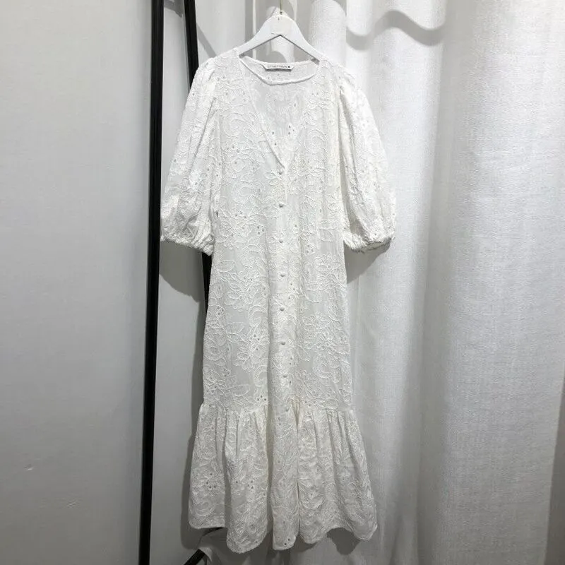 2021 Spring Summer Women White Sexy V-Neck Hollow Party Dress Casual Solid Embroidery Loose Midi Dresses Ladies Vestidos