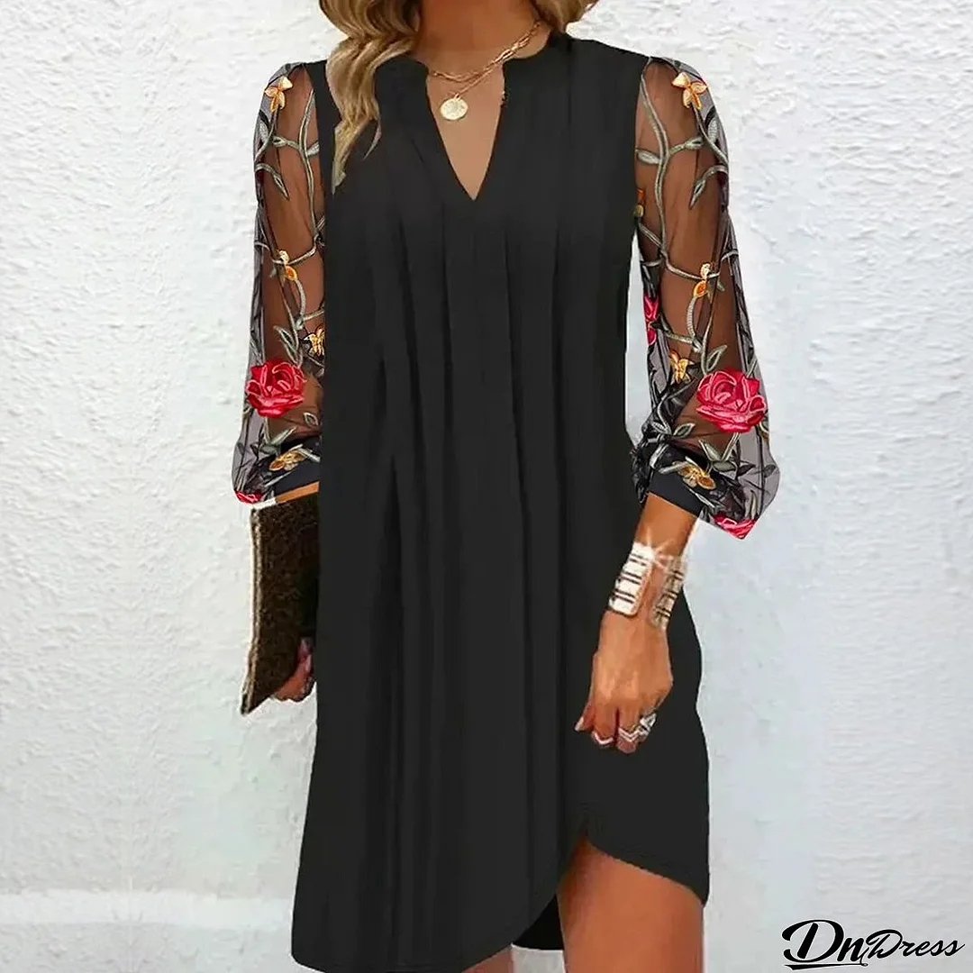 Elegant V-Neck Sheer Sleeve Mini Dress