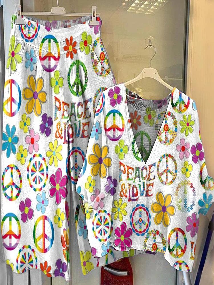 Women's Hippie Peace Love Art Print V-Neck Top Wide-Leg Pants Cotton Linen Suit