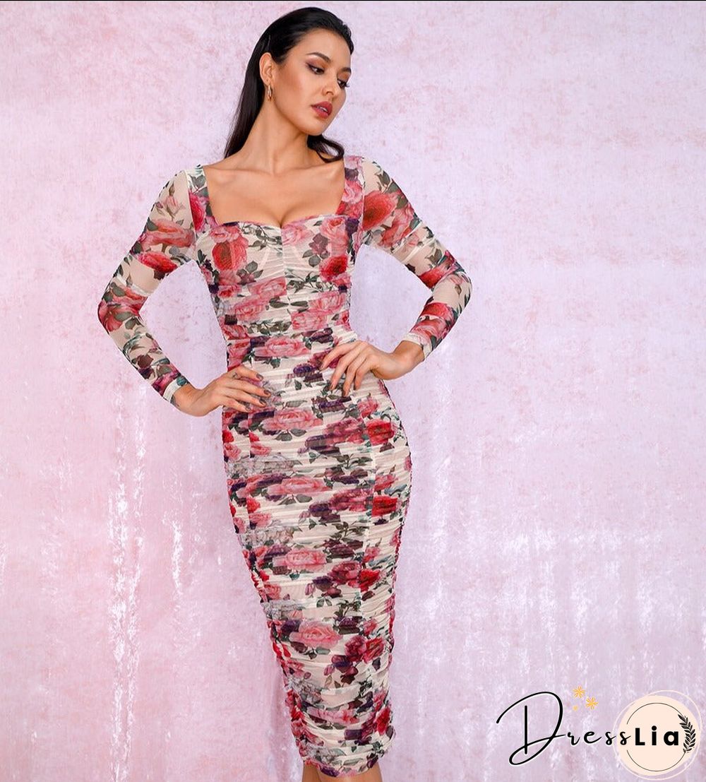 Sexy Elastic Print Mesh Slim Long Sleeve Over-The-Knee Party Dress (With Lining) Lm81941