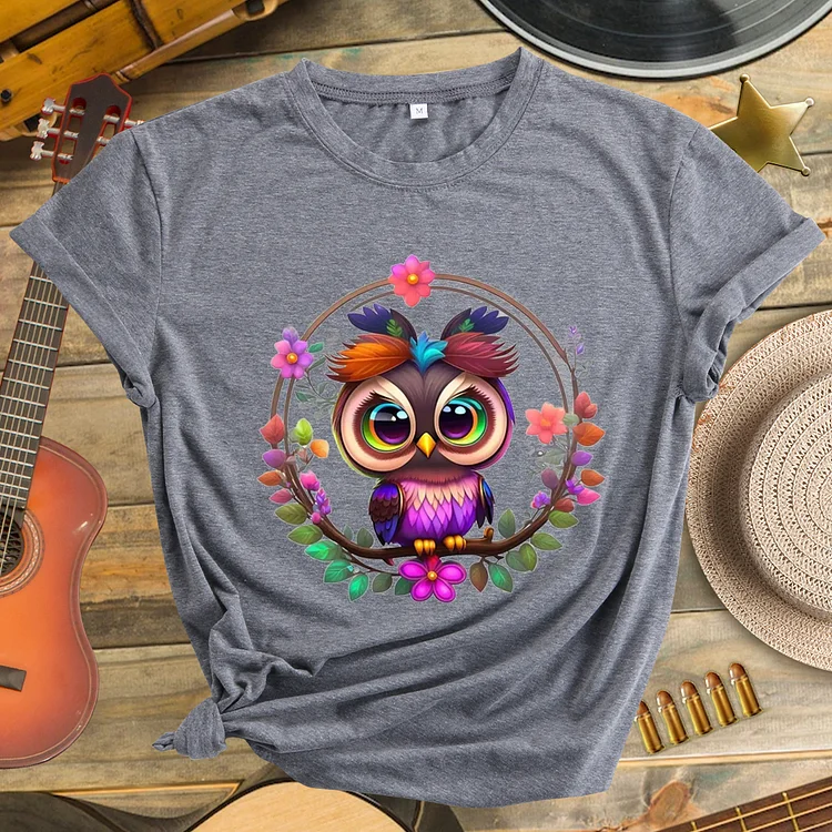 Colorful Creative Cute Owl Pattern Neck T-shirt-Annaletters