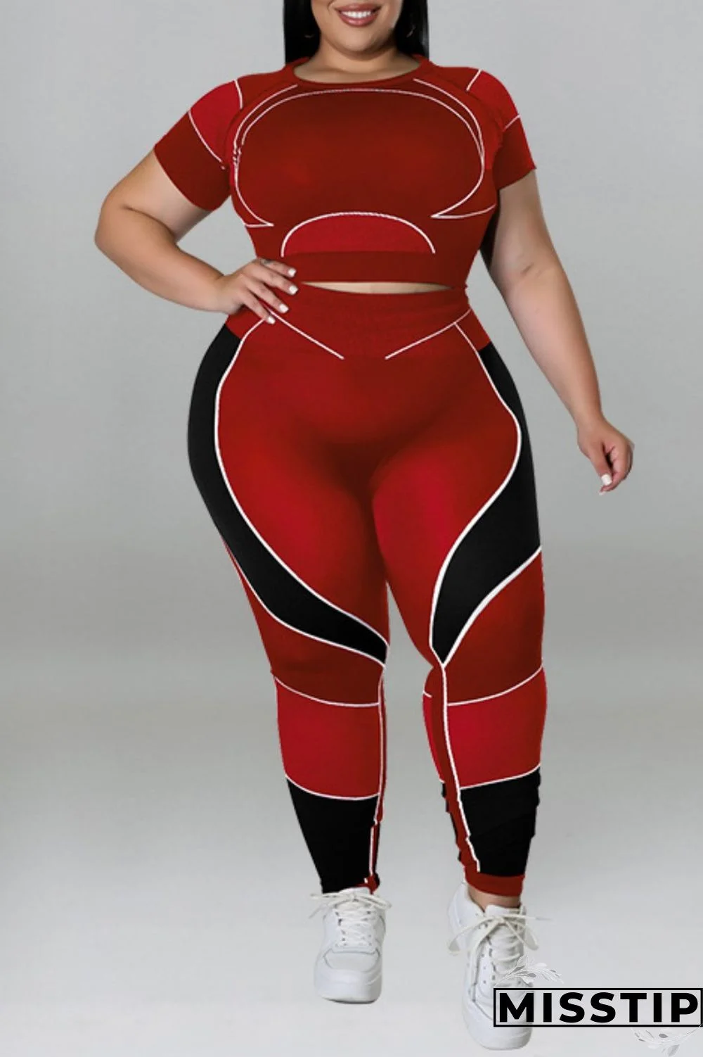 Red Casual Print Basic O Neck Plus Size Two Pieces