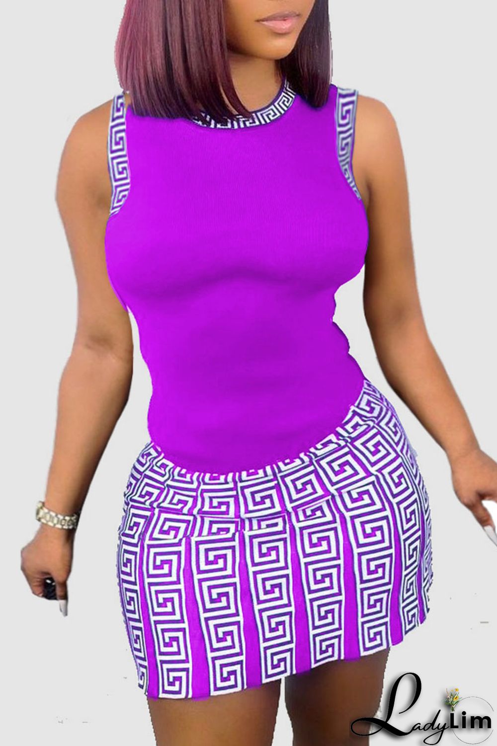 Brown Casual Print Patchwork O Neck Sleeveless Two Pieces