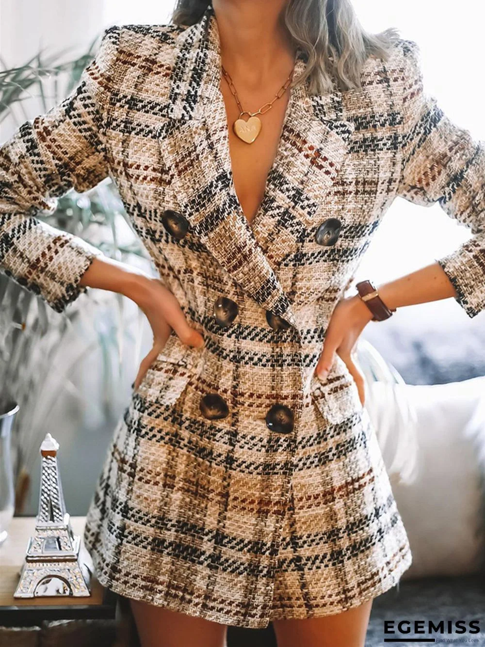 Double-breasted V-neck Fashion Printed Plaid Coat | EGEMISS