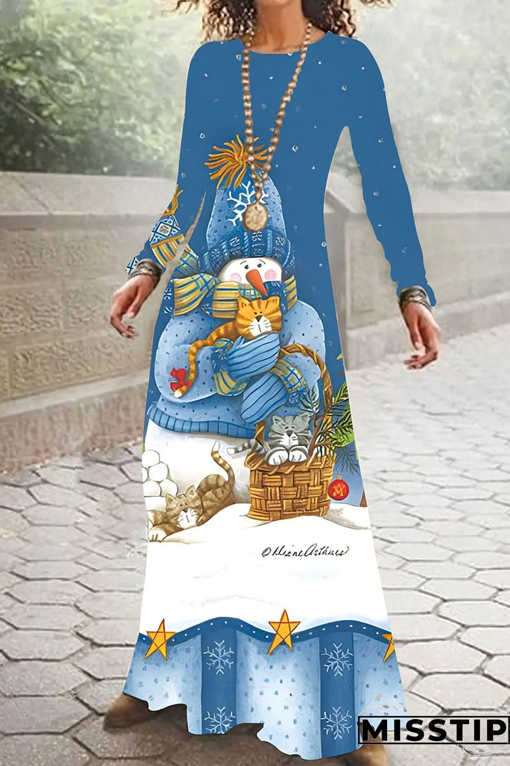 Light Blue Casual Print Patchwork O Neck A Line Dresses