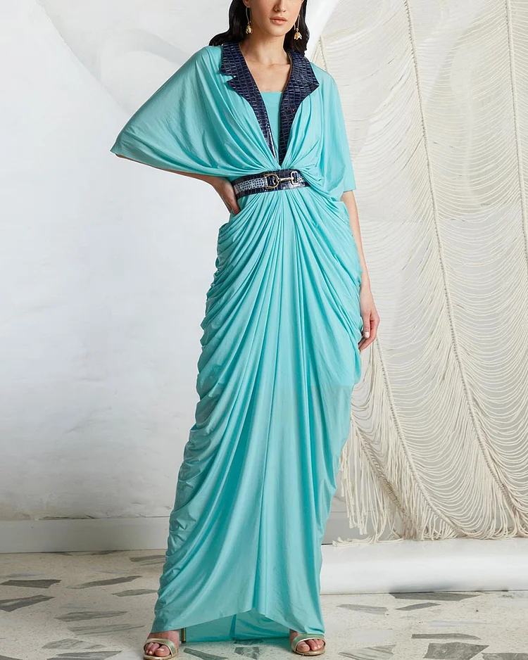 Blue Nylon Lycra Lapel Collar Draped Dress