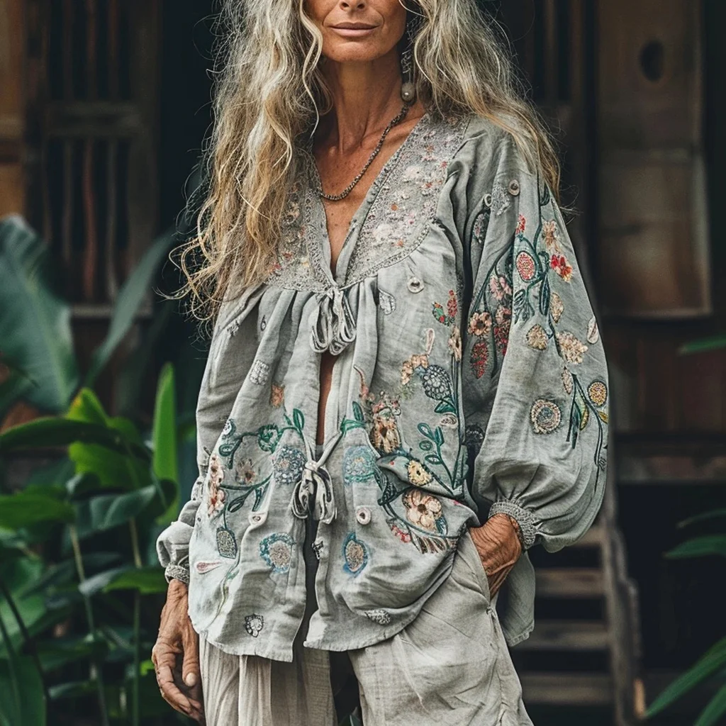 Women's Linen Bohemian V-neck Simple Casual Long-sleeved Shirt