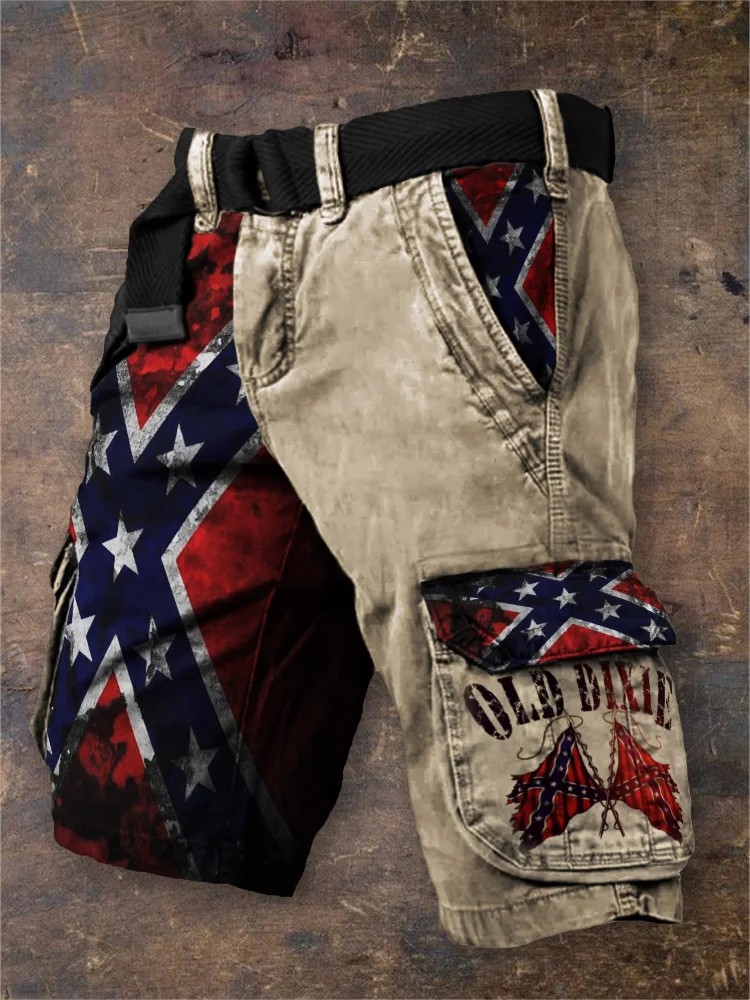 Men's Old Dixie Southern Pride Rebel Flag Patchwork Cargo Shorts