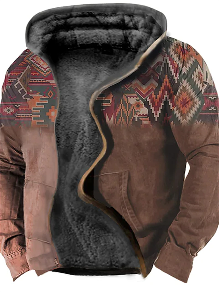 Men's Fleece Jacket Full Zip Hoodie Fleece Hoodie Sherpa Jacket Denim Blue Blue Yellow Camel Orange Hooded Tribal Graphic Prints Zipper Print Casual Daily Sports 3D Print Fleece Basic Designer Casual