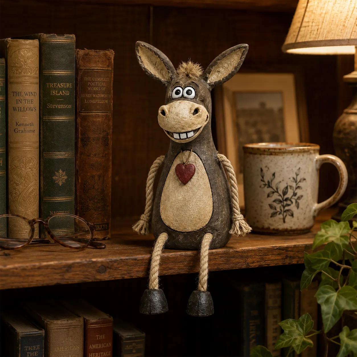 Donkey figurine with dangling rope arms and legs