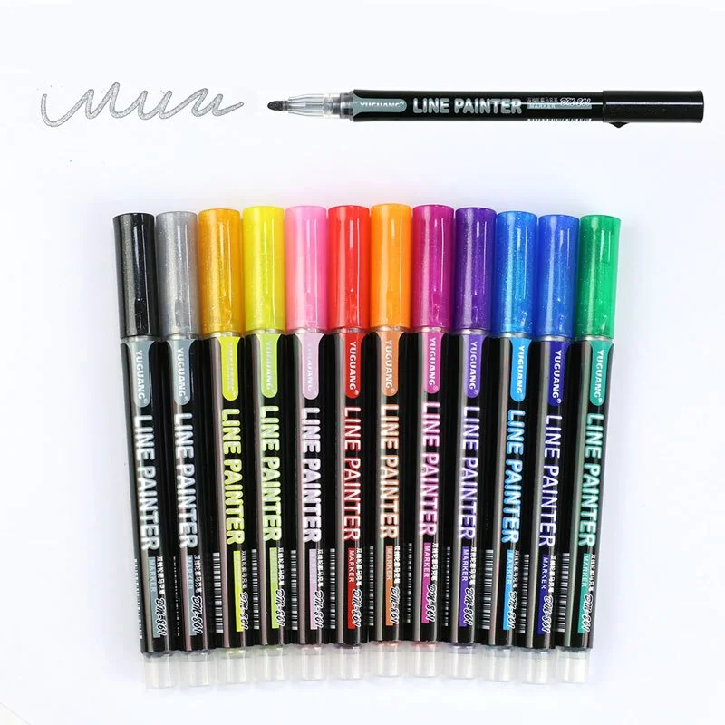 12 Colors/set Double Line Pen Metallic Glitter Color Outline Art Marker Pen DIY Album Marking Pens for Painting School Supplies