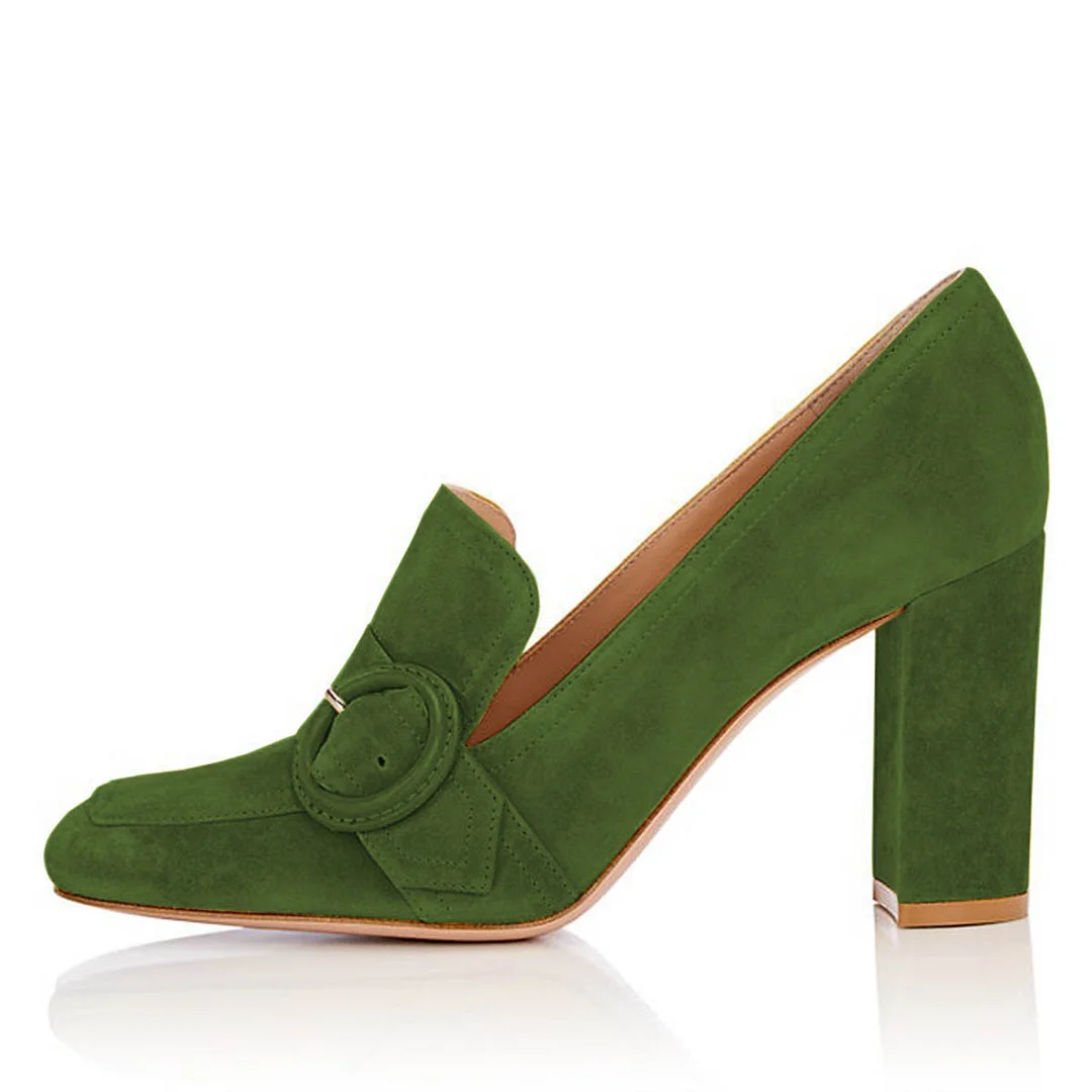 Green Vegan Suede Square Toe Buckle Chunky Heeled Loafers Women