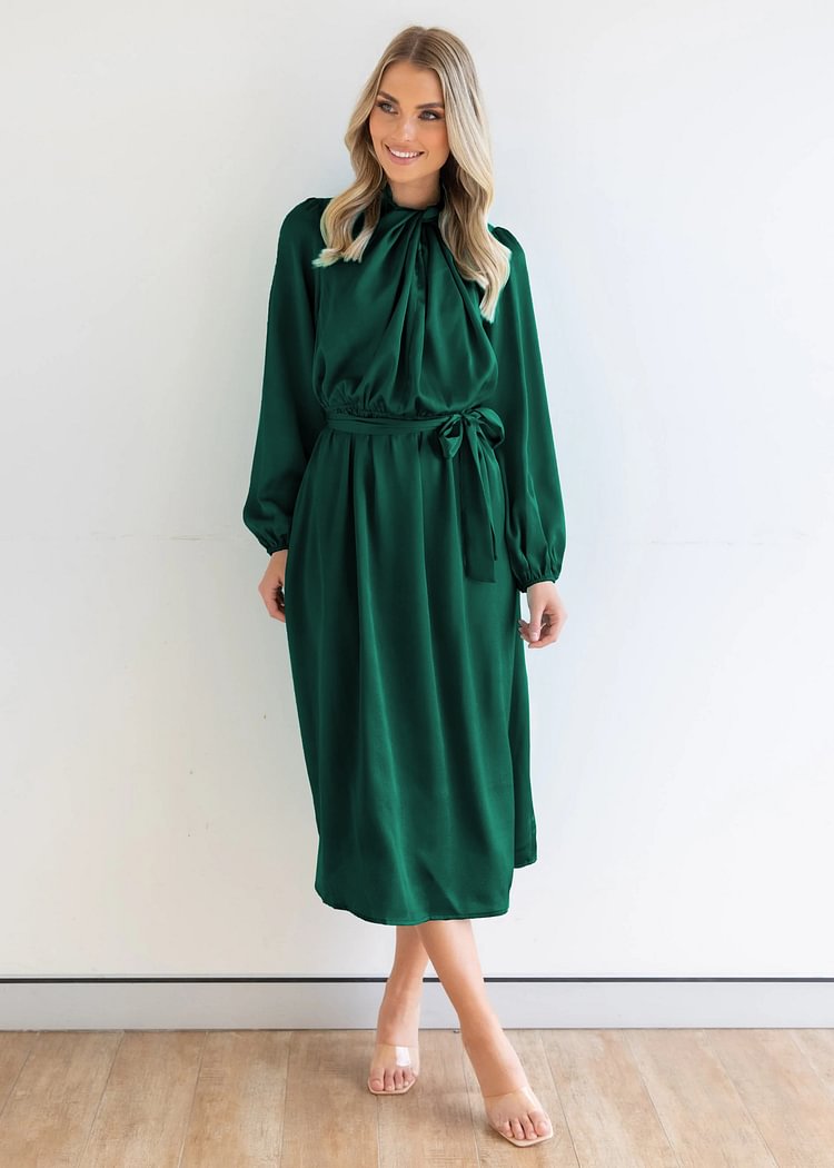 Ruched Knotted Long Sleeve Satin Midi Dresses