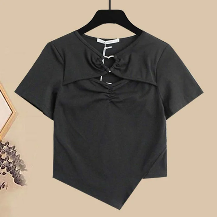 Casual T-Shirt Belted Chain Pleated Skirt Set - Modakawa Modakawa