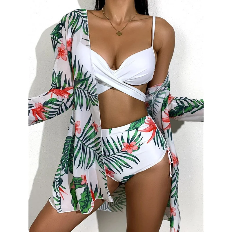 Uveng 2024 New Bikini Gathering Sexy Mesh Three-Piece Set Of Split-Print Swimsuit Women