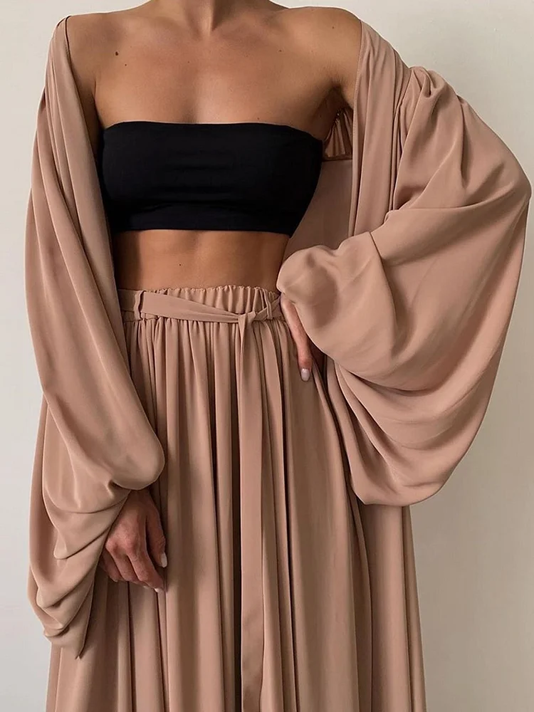 Bat Sleeve Long Kimono Wide Leg Pants Set