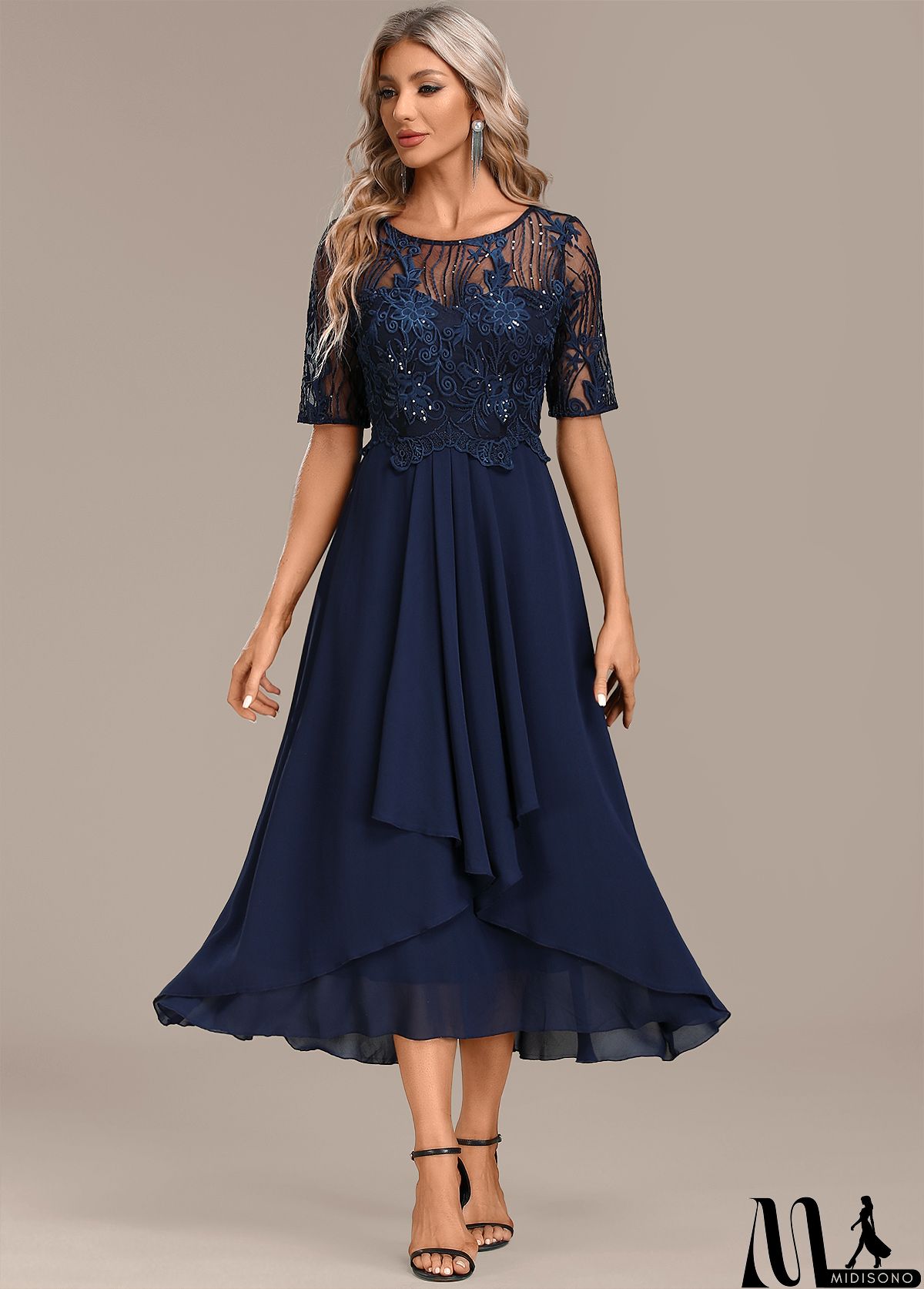 MidiSono - Navy Lace Short Sleeve Round Neck Dress