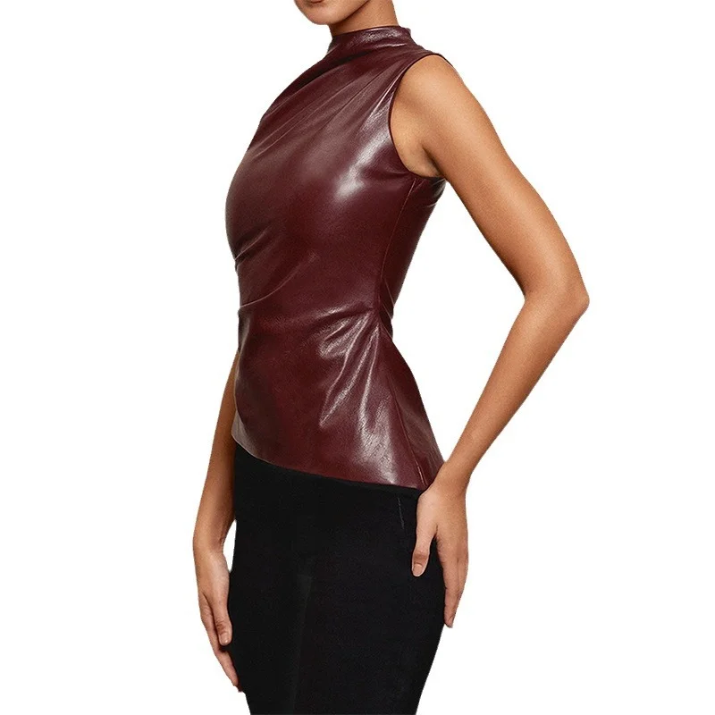 Toloer Toloer Women's 2024 New Leather Pile Collar Personality Closed Waist Oblique Hem Sleeveless Jacket Women's Vest-Outfit Ideas