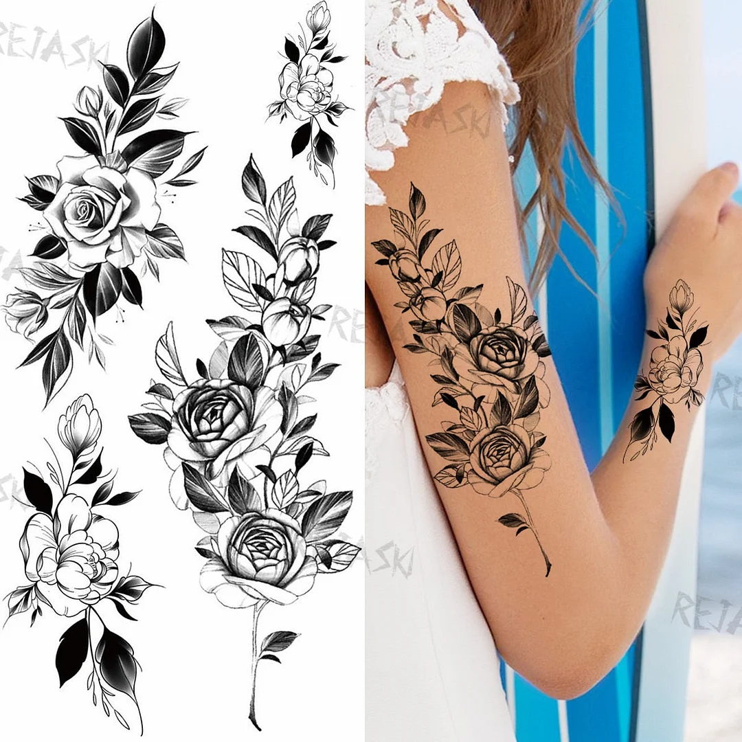 Sexy Snake Flower Fake Temporary Tattoo For Women Black Sunflower Tattoos Bloosom Big Daisy Camellia Water Transfer Tatoos Legs